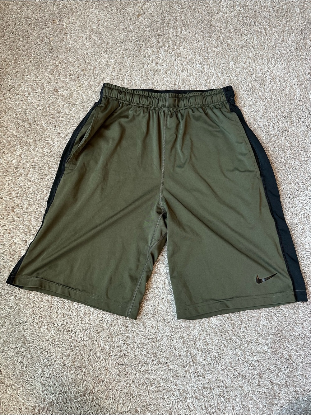 Nike Men’s Olive Green Athletic Shorts with Black Side Panels and Swoosh